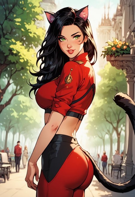 score_9, score_8_up, score_7_up, woman catgirl, cat ears, black cat ears, fuzzy cat tail, black tail, black long tail, 8k, masterpiece, high quality, highly detailed, professional, shallow depth of field, long hair, green and brown eyes (perfect eyes), perfect face, black hair, wide midriff, wearing red pilot bodysuit with black stripes, pilot suit, red pilot suit (black stripes), cowboy shot, dutch angle, best quality, best illumination, best shadow, an extremely delicate and beautiful, finely detail, depth of field, classic, highres, perfect lighting, colorful, large breasts, natural breasts (large), big ass, 23 years old woman, big booty, big ass, german, natural beauty, alluring, clean skin, white skin PG, outdoors, nature park, ninas twin sister, sharp, standing, dynamic front poses, in loving, loving, romantic, cheery, cheerful, modest, tail on but