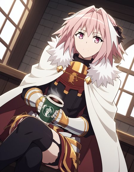 score_9, score_8_up, score_7_up, source_anime, <lora:astolfo-apocrypha-s1-ponyxl-lora-nochekaiser:1>, astolfo, long hair, pink eyes, hair ribbon, pink hair, braid, ahoge, white hair, male focus, multicolored hair, streaked hair, single braid, otoko no ko, long braid,, thighhighs, black thighhighs, cape, armor, fur trim, garter straps, gauntlets, cloak, white cape,, cafe, coffee cup, barista, sitting down, talking, relaxing, sunlight through window, , v, v over eyes,, looking at viewer, solo,, dutch angle, cowboy shot