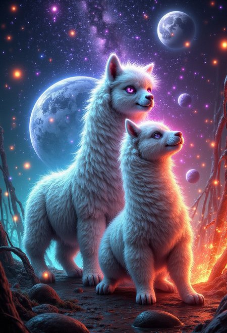 aidmadalle3, a high quality digital image of Metagalactic Llamas Battle at the Edge of Time