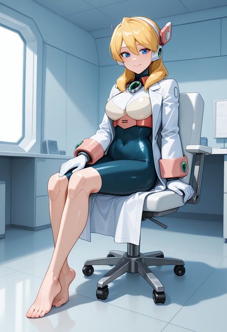 1girl, solo, blonde hair, blue eyes, hair between eyes, hair over shoulder, robot ears, headgear, armor, bodysuit, breastplate, white gloves, white coat, labcoat, indoors,  futuristic,,sitting, chair, smile, full body, feet, barefoot,