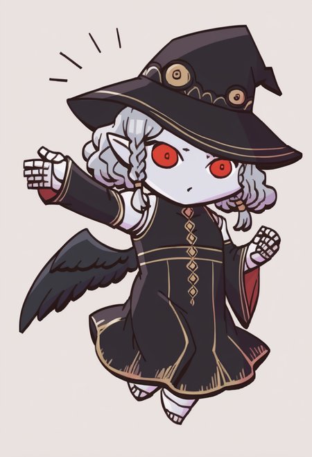 score_9, score_8_up, score_7_up, source_anime BREAK 1girl, solo,
 <lora:FEH-MTH-pdxl_Fp:1> chibi, simple background, full body
 <lora:zs_AgratXL:1> agratsmtvv, curly hair, grey hair, twin braids, colored skin, grey skin, red eyes, pointy ears, witch hat, black dress, detached sleeves, black wings, doll joints