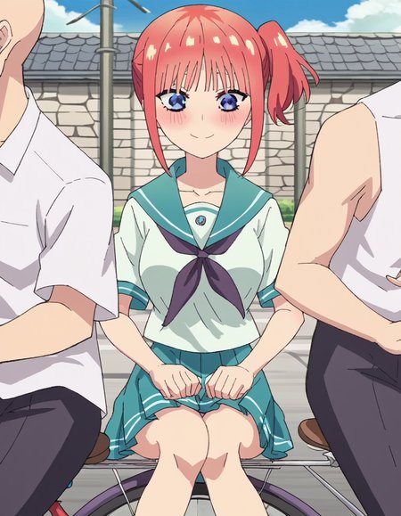 score_9, score_8_up, score_7_up, source_anime, <lora:nino-nakano-honeymoon-ponyxl-lora-nochekaiser:1>, nino nakano, short hair, bangs, blue eyes, large breasts, pink hair, blunt bangs, side ponytail, one side up, anime screencap, <lora:pillion-ponyxl-lora-nochekaiser:1>, pillion, brown eyes, hetero, couple, ground vehicle, riding, bicycle, multiple riders, outdoors, motion, floating hair, motion lines, hands on thighs,, school uniform, serafuku, gakuran, faceless, faceless male, bald, collarbone, blush, looking at another, smile, cowboy shot, knees,,