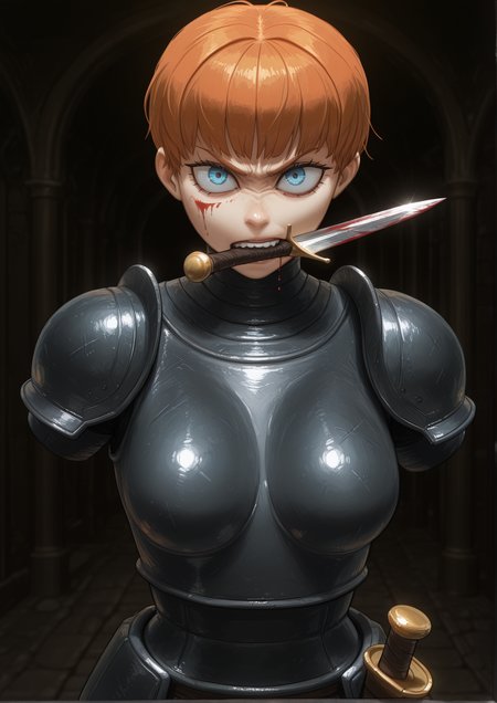 masterpiece, best quality, newest, absurdres, highres, new, solo, 1girl, blue eyes, orange hair, d'arce \(fear & hunger\), steel armor, angry, mouth hold, dagger, double amputee, no arms, armless, standing, upper body, blood on face, missing limb, dungeon interiors, dark , looking at viewer <lora:d'arce_Illustrious-000012:1>    <lora:Best_Facial_Expression_Helper_XTREME_ILLU:1>, artist:wafferscotch,, artist:nisetanaqa