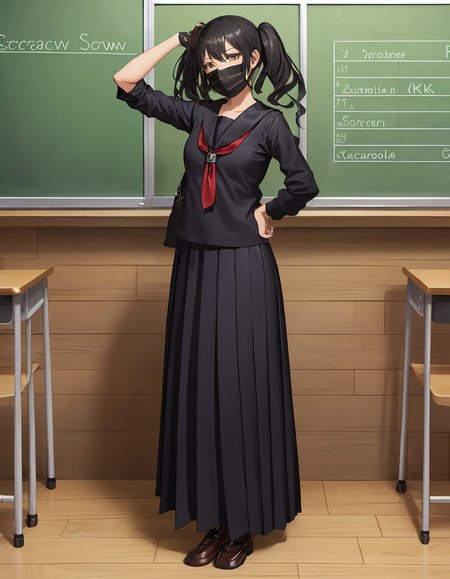 (extremely detailed CG unity 8k wallpaper),(masterpiece), (best quality), (ultra-detailed), (best illustration),(best shadow), (sharp eyeliner, eyeshadow, detailed eyes:1.2), classroom
BREAK
(scarecrowsangvisschool:1.2), arms at side, (surgical mask, mouth mask:1.3), standing, furrowed brow, long black skirt
<lora:ScarecrowSangvis:1>