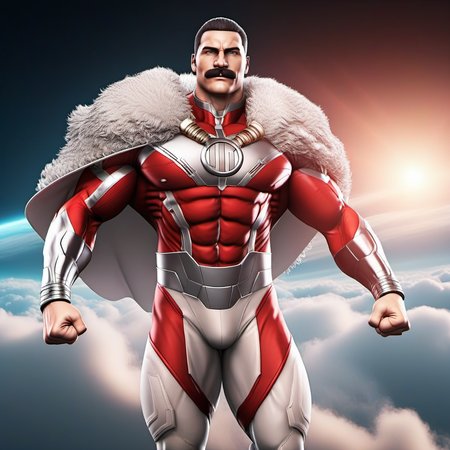 cinematic photo a (((full body portrait)))  muscular man with a moustache in a white and red bodysuit, flying in the sky <lora:Thragg1024:0.8> . 35mm photograph, film, bokeh, professional, 4k, highly detailed
