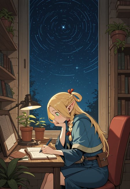 zzLofi, sitting, side view, desk, chair, book, bookshelf, head rest, holding, holding pen, firelight, night, open book, pen, plant, potted plant, sky, star (sky), starry sky, window, windowsill, writing, star trail, 

marcille donato, dungeon meshi, 

masterpiece, best quality, amazing quality, very aesthetic, very awa, highly detailed, 