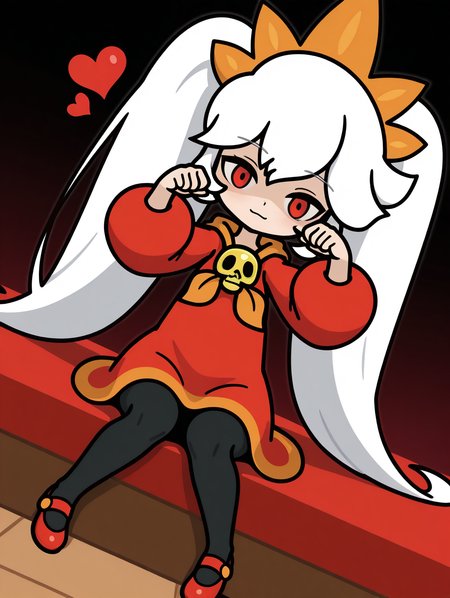 AshleyWWG, 1girl, solo, chibi, eyes glow red, white hair, two large pigtails, bang, orange tiara, red eyes, red long-sleeve dress, orange neckerchief, golden skull brooch, black tights, red shoes, looking at viewer, heart , Sitting, (light smile, dutch angle, naughty pose, looking at viewer, solo, dynamic pose, full_body, head tilt,)