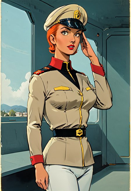 solo, looking at viewer, looking at me, spaceship interior, window, beach landscape, indoors, decarloxl, retro colors, 60s, 1girl, solo, FGMatildaAdjan, brown eyes, short hair, hair slicked back, orange hair, lipstick, breasts, military uniform, tan jacket, belt, white pants,  peaked cap, tan headwear, salute