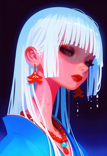 , closeup portrait of Japanese shrine maiden, realistic skin details, white hair, long loose hair, wet hair, dripping, bangs, earrings, necklaces, red and blue yukata, dark eyeshadow, red lips, realistic photography, very awa ,masterpiece, best quality, very aesthetic, absurdres, haiz_ai, no lineart,no outline,