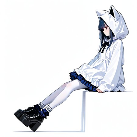 white dress, ((white pantyhose, white Hood, bustle skirt, sleeves past wrists, dark blue frilly socks)), oversize high platform shoes,