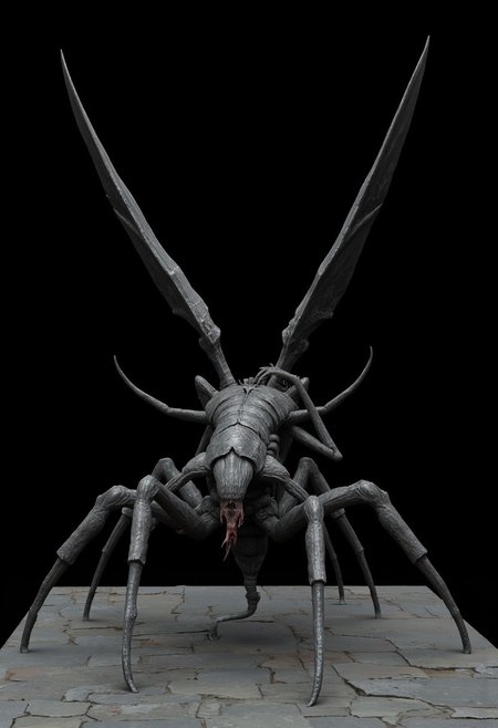 Angelic holy insect in a quadruped hybrid stance 
Standing on a flat gray ground  and black background, the camera angle is high rotated at a 45 degree angle
Set against a solid dark black color background to emphasize its unnatural form that emphasizes its silhouette. The medium is not a traditional painting or illustrative medium like watercolor or ink but rather a digital 3D rendering.
MikeFranchinastyle, bbstyle,, horror theme,, ZBClay model of a gray sculpture, zbrush, d4arks0uls, overcast lighting, jedioutfit