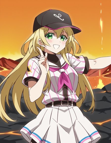 score_9, score_8_up, score_7_up, source_anime, <lora:yuki-nozaki-s1-ponyxl-lora-nochekaiser:1>, yuki nozaki, long hair, blonde hair, hair between eyes, green eyes, sidelocks,, skirt, shirt, hat, short sleeves, pleated skirt, striped, belt, sailor collar, neckerchief, black headwear, white skirt, baseball cap, vertical stripes, black belt, striped shirt, sportswear, vertical-striped shirt, baseball uniform,, volcano, lava, rock, fire, smoke, smile, <lora:hoshino-ruby-dance-ponyxl-lora-nochekaiser:1>, hoshino ruby dance, finger wagging, index finger raised, dancing, outstretched arm,, looking at viewer, solo,, dutch angle, cowboy shot