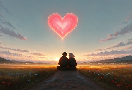 SFW,HDR, 8K, high contrast, high resolution, ultra-detailed,masterpiece, best quality, amazing quality, very aesthetic, absurdres, (scenery, volumetric lighting), newest, depth of field,dappled_sunlight, dark_clouds,ireland, western, dirt_road,excited,couple,romantic,beautiful garden,love heart,masterpiece, best quality, amazing quality, very aesthetic, absurdres, (scenery, volumetric lighting), newest,depth of field , <lora:ValentineNatureStyle:1> ValentineNatureStyle, <lora:748cmSDXL:0.7> 748cmstyle, <lora:haiz_ai_illu:0.3> haiz_ai, no lineart,no outline,   <lora:ç»ªå¿ åæ¶æå¾åå½±è´¨æå¢å¼ºV3:0.5> XUER guangying, <lora:ral-vltne:0.8> ral-vltne,
