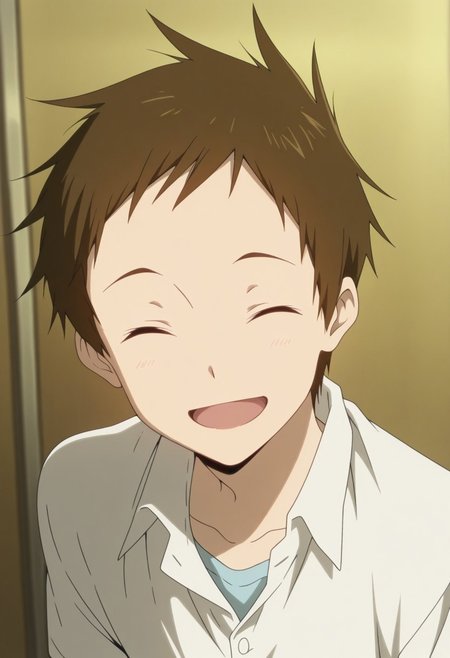 masterpiece,best quality,amazing quality, source_anime,
SatosFukube, 
1boy, male focus, solo, closed eyes, brown hair, school uniform, shirt, white shirt, collared shirt, short sleeves, smile, happy, open mouth,