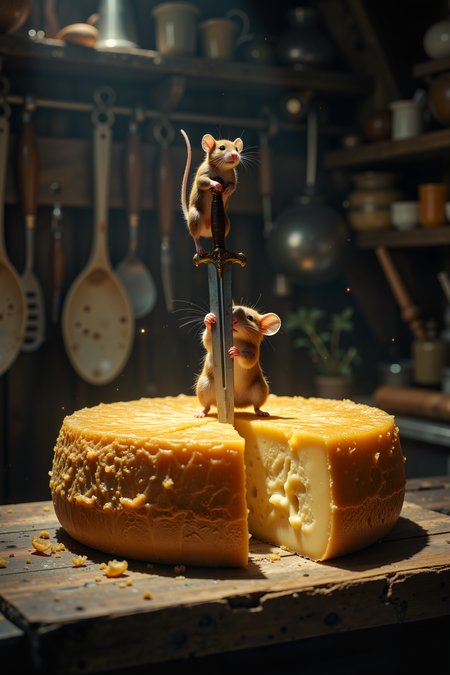 In the dim light of a rustic kitchen, a small, determined mouse stands atop a massive wheel of cheese, its tiny paws gripping the hilt of a miniature sword embedded deep within the golden surface. The cheese is cracked and aged, its texture rough and uneven, with curls of rind peeling away. A soft glow reflects off the polished blade as the mouse strains to pull it free, its whiskers twitching with effort. In the background, towering kitchen utensils loom like ancient monuments, casting long shadows across the wooden countertop. <lora:FluxMythR3alisticF:0.4><lora:midjourney_whisper_flux_lora_v01:0.4><lora:aidmaMJ6.1-FLUX-V0.1:0.4><lora:Movie_Portrait:0.4><lora:Flux DetailerV2:0.4>
