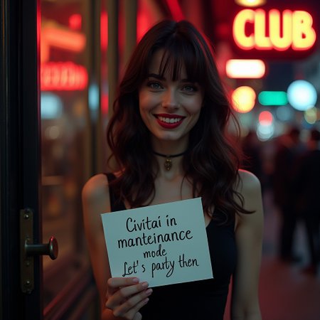 SFW image, beautiful 24 year old woman, <S353_KylaCole:0.80>, slim figure, red-burgundy pronounced lips, light smile, theeth, dark brown hair, swept bangs, long hair, medium round breasts, 
cinematic film still, clear blue eyes, looking glamorous. Luxury black cocktail dress, epic, gorgeous, full body shot, standing at entrance of posh luxury night club,  legs crossed, neon lights, crowd on street, rating_safe,
cool color tone, depth of field, 35mm, showing to viewer a white board "Civitai in manteinance mode Let's party then" written on board in lipstick