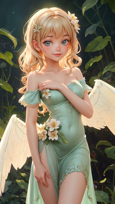 (pixar:1.3)
 a beautiful fairy with short, wavy blonde hair adorned with small flowers, wearing a flowing green dress with delicate leaf patterns. She stands with one hand gently lifting the hem of her dress and the other resting on her hip, gazing over her shoulder with a playful smile. Her delicate, translucent wings catch the soft, ambient light filtering through the background. The background is a dreamy, ethereal garden with soft-focus flowers and light beams creating a magical atmosphere. The scene is illuminated by warm, diffused light, highlighting the realistic textures of her dress, hair, and wings. The composition captures a whimsical and enchanting mood, with detailed textures, intricate lighting, and expressive character features. Proper and realistic hand anatomy, natural hand positioning.
<lora:baclight_slider_v10:-1>  <lora:breastsizeslideroffset:0.5> <lora:add_sharpness:1>