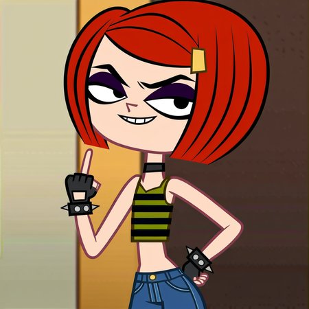 score_9, score_8_up, score_7_up, score_6_up, score_5_up, score_4_up, 1girl, red hair, bob cut, eyeliner, eyeshadow, hairclip, flat chest, narrow waist, wide hips, fingerless gloves, choker, spiked bracelet, fishnets, tank top, denim shorts, chain, looking at viewer, smirk, middle finger, highres, high quality, masterpiece, <lora:Laney_Penn:1> <lora:flat_color_anime_xl:1>