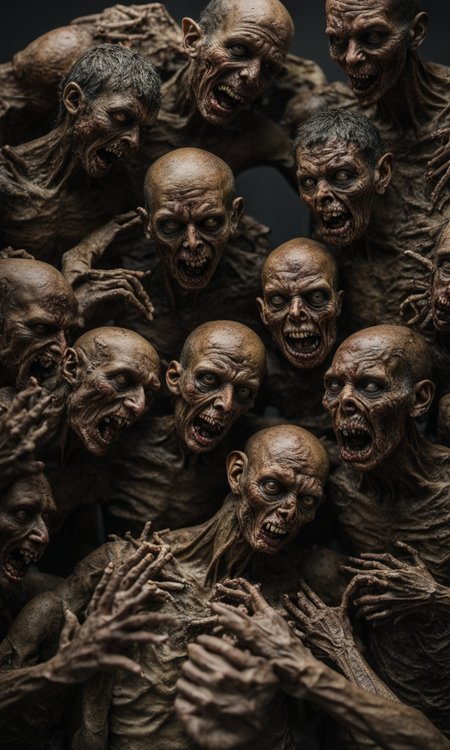 a sculpture made of moldy zombies bodies on a birthday party having fun with spiders larvas and miss world photorealistic, 8k, scifi, grimdark, neuromancer, scifi, death