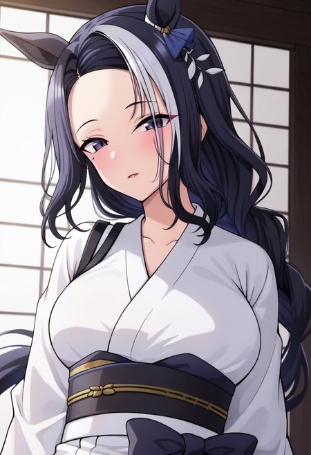 18 years old ,women,solo,1girl,nsfw,
rmnsd, horse girl, multicolored hair, streaked hair, ear ornament, mole under eye saimin.il,
saimin, tsubaki,  white clothes, white kimono, 
clothed girl, kimono,