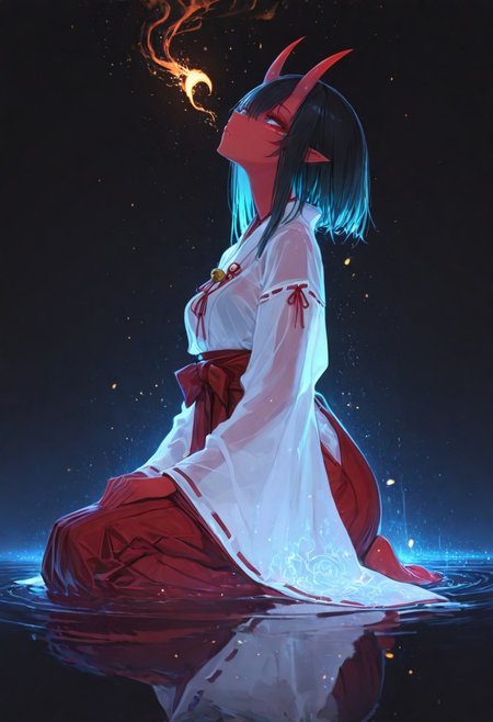 masterpiece, best quality, amazing quality, very aesthetic, absurdres, newest, volumetric lighting, holographic colors, cute, gradient colors, dark background, masterpiece, best quality, amazing quality, very aesthetic, absurdres, newest, volumetric lighting,1girl, 
BREAK
nsfw, 
 ambient occlusion, raytracing, soft lighting, blum effect, masterpiece, absolutely eye-catching, particles, glow, shining, intricate cinematic background, (beautiful face),  
BREAK
looking seductive, coy. dynamic action image, detailed face, detailed eyes, direct mesmerizing gaze, 
BREAK
(sexy, slutty, hot, aroused), 
Aka-Oni, oni, colored skin, red skin, smooth horns, black horns, 
BREAK
japanese clothes, see-through, wide sleeves, ribbon trim, hakama, jingle bell, ribbon-trimmed sleeves,eyeliner, red hakama, hakama skirt, seiza, jewelry, Girl Focus, sitting, look up,firm look, partially submerged, ripples, reflection, reflective water, reflective floor, shallow water, from side,
