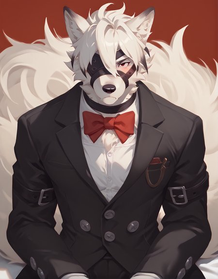 score_9, score_8_up, score_7_up, score_6_up,detailed, hi_res,solo, red_background,detail face, (big eyes:1.2),(red eyes:1.2),white shirt,harness ,chest harness,colorful, ultra detailed, high quality, press, abs,source_anime,good_hands ,score_furry, furry,business suit, detailed face, detailed eye, BREAK, horny face, solo, von lycaon, wolf anthro,big red eyes,detailed red eye, eye patch,black costume,happy, one eye covered,chestbands, pov,finger claws,(huge tail:1.2),white furr,white furr
,short face,short snout, armband, hot, broad sholders, huge tail,slim waist, (horny face,white shirt,(bow tie), pov,(business suit:1.4),arms crossed,huge male,slim waist,fangs,detailed face, detailed eye,((black suit:1.3),belts on tail,horny, slim waist,fluffy body, large male arms,male focus, dilf, muscle,pleasure face,the loving look),(blush face:1.2), , face, saliva,spit,collar)
<lora:VonLycaonPonyXL:0.9>
<lora:pony_good_hands:0.7>
<lora:WildcardX-XL-Detail-Enhancer:0.5>  <lora:boring_sdxl_v1:1> <lora:add-detail-xl:1>
<lora:ZoroJ:0.36> <lora:StS_detail_slider_release_two_v3:2.2> <lora:chunie-Pony-XL-v6:0.34> <lora:Expressive_H:1> <lora:syurof:0.36> <lora:Eyes_Lora_Pony_Perfect_eyes:0.31> eye_focus, close-up, solo, looking_at_viewer  <lora:ponyxl_zackary911_style_v1:0.35> <lora:Meesh_Style_PonyXL:0.2> <lora:von_lycaon:0.2> <lora:PerfectEyesXL:0.2>