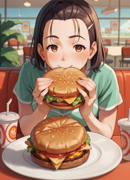1girl, solo, burger,  score_9, score_8_up, score_7_up, <lora:naruko_hanaharu_Pony_dim32:0.8>