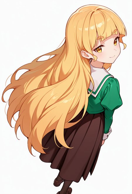 masterpiece,high quality details,absurdres, 
<lora:Shiraki_Hime:0.8>
hime_cnr, 1girl, blonde hair, very long hair, yellow eyes, blunt bangs, thick eyebrows,
hime_s1,green shirt, white sailor collar, serafuku,long skirt,black-brown skirt, juliet sleeves,pantyhose, loafers,, simple background, white background, from behind,solo,, ;),