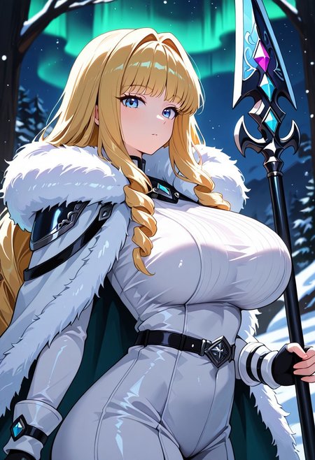 masterpiece, best quality, good quality, very aesthetic, absurdres, newest, 8K, depth of field,  in the style of cknc, artist:moriimee, in the style of cksc, 
1girl, tan skin, long blonde hair, braided, blue eyes, large breasts, bouncy, fur cloak, snowy skin, holding spear, looking at viewer, from side
BREAK
icy tundra, aurora borealis, wolves howling
BREAK
cool tones, aurora glow, high contrast, frosty shine, rich details, wild atmosphere
