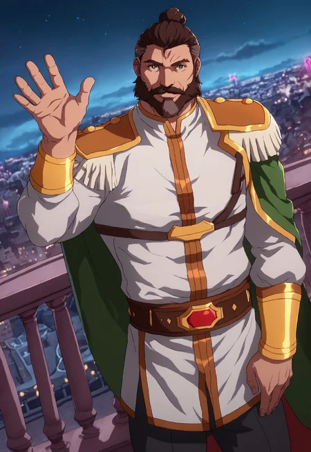 score_9, score_8_up, DuncanFormal, short hair, hair bun, two-tone hair, brown hair, greying hair, brown eyes, beard, mustache, muscular, mature male, green cape, epaulettes, white tunic, bracers, belt, black pants, looking at viewer, smile, dynamic pose, detailed background, dutch angle, balcony, neon lights, skyline, clouds, night, waving,