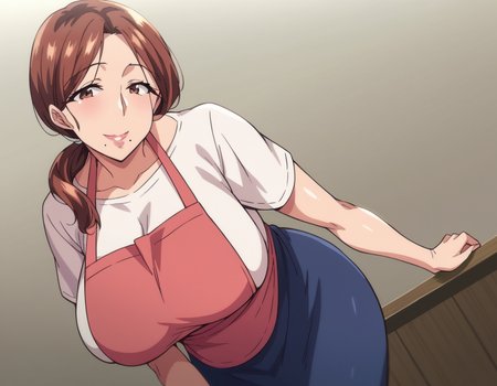 score_9, score_8_up, score_7_up, source_anime,
yumikokimura, <lora:yumiko-kimura-ova-ponyxl-lora-nochekaiser:1>,
yumiko kimura, long hair, brown eyes, mole, huge breasts, mole under mouth, mature female,
skirt, brown hair, apron, shirt, white shirt, pink apron, blue skirt, ponytail, hair over shoulder,
indoors, bent over, smile,
cowboy shot, looking at viewer, solo, dutch angle,