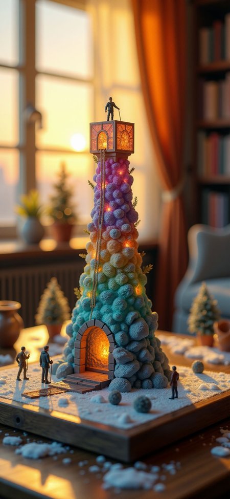(indoors,indoor,isometric view,side view,tilt-shift lens:2), (fna_style,miniature,miniature,diorama,miniature,diorama,PVC,plastic:2),sunset,winter giant (multi layers of gem observation tower   cubic vertical:2.5)  is located center, people are climbing with ropes, (in wooden square plate:3) (on table at study:3) <lora:Fantasy_Novel_Art_Style:1> <lora:Rostpunk:0.3>
