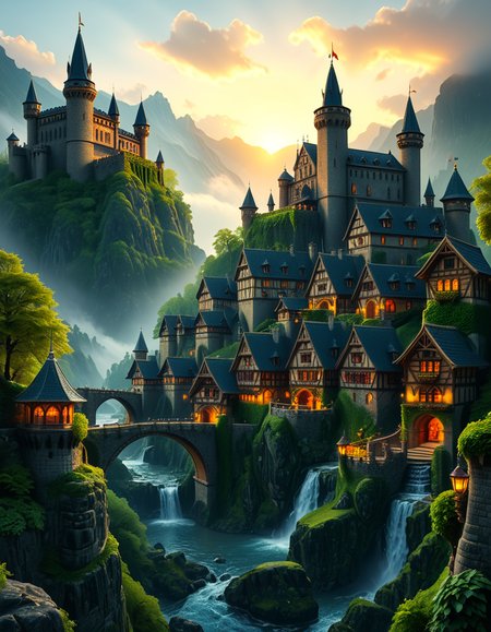 A breathtaking medieval fantasy city nestled in a lush valley, surrounded by towering mountains and dense forests. A grand castle with multiple towers and turrets stands atop a hill, overlooking the town below. The city consists of charming half-timbered houses with glowing windows, perched on rocky cliffs and connected by stone bridges over cascading waterfalls. The river flows through the village, reflecting the warm golden lights of lanterns and torches. Ivy and moss grow over the stone walls, adding to the enchanted, ancient atmosphere. The background features misty mountains with additional fortresses and watchtowers, partially hidden by low-hanging clouds. The sky is illuminated by a soft, warm sunset, casting a golden glow on the scenery, creating a perfect blend of realism and fantasy. Highly detailed, cinematic, and immersive, with a magical, fairy-tale ambiance.
<lora:SDXLFaeTastic2400:0.4> <lora:extremely_detailed:0.4> extremely detailed, <lora:medieval_f4nt4sy_c1ty:1>,medieval f4nt4sy c1ty, Masterpiece,best quality,hi res,8k,hi res,8k,award winning,(sharp focus, intricate, highly detailed),