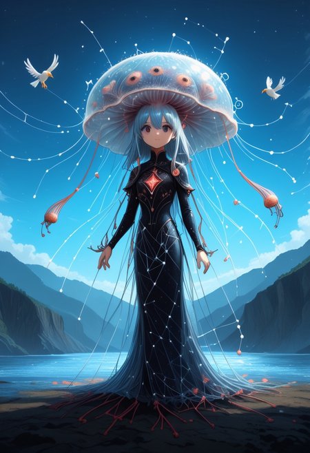 masterpiece, best quality, good quality, very awa, newest, highres, absurdres, ,score_9, score_8_up, score_7_up, 
Giant translucent jellyfish drifting through the clouds, soft bioluminescent glow illuminating the mist, with tiny birds perched on its tendrils
<lora:illustriousXL_stabilizer_v1.23:0.3> <lora:NOOB_vp1_detailer_by_volnovik_v1:0.3> <lora:ponyv6_noobE11_2_adamW-000017:0.3> <lora:114558v4df2fsdf5:0.7> <lora:mon_monmon2133:0.6>