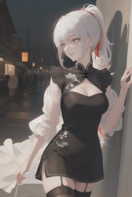 art by Cornflower, dreamy,(masterpiece,best quality,1girl,Amazing,beautiful detailed eyes,finely detail,Depth of field,extremely detailed CG,original, extremely detailed wallpaper,china town,bent over,black_thighhighs,china dress,red eye,white hair,outstretched arm,ponytail,light smile,sideways glance,),((best quality, masterpiece, illustration, an extremely delicate and beautiful, extremely detailed ,CG ,unity ,wallpaper,photorealistc, masterpiece, 4k, 8k, highres)), beautiful background,
 <hypernet:Cornflower_Phantom:0.5> ,  <lora:kdllorav15:0.1>