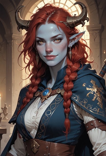 (score_9, score_8_up, score_7_up, score_6_up), (highres image, ultrares, absurdres, ultra detailed), ((zPDXL3)), Portrait, (masterpiece:1.8), face focus, detailed faces, BREAK,
1girl, dynamic character design, female focus, perfect face, perfect eyes, attractive, beautiful, barbarian, (Firbolg, furry, big nose, animal ears, blue skin) curved ram horns, large horns, (long red hair), braided hair, multiple braids, perfect body, hourglass figure, large breasts, wide hips, tiny waist, smirk,
BREAK
(Barbarian Furs), (Leather), (Boots), (Cloak)
BREAK
Detailed Background, Fantasy Tavern, Dramatic Lights, Concept Art, Expressiveh, (Firbolg, furry, big nose, animal ears), concept art, realistic, 4kFacePonyXL