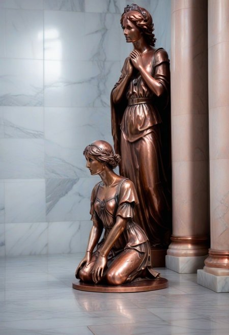 a copper statue portraying a kneeling and weeping angel, bleak, hopeless, depressing, enshrined in an alcove, marble church background
BREAK
CivChan
