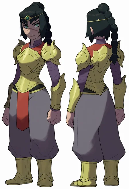 sugimori ken,
score_9, score_8_up, score_7_up, BREAK,
1girl, solo, shadowheart, black hair, braided ponytail, green eyes, scar on face, circlet,
solo, looking at viewer, armor, pants, standing, looking at viewer, white background <lora:ShadowHeartXL:0.8>,   <lora:KenSugimoriPDXLLocon_byKonan:1>