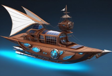 lumenarium, flying ship at space, big sail like solar panels, stary sky, aether nebulas, realistic, wooden hull with metal elements, blue glowing energy sail:2 , silver metal, guns on board, hight tech, steampunk, wings like solar panels