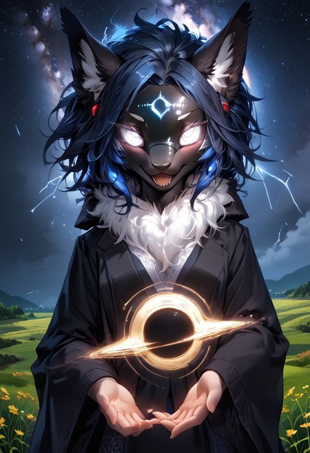 Expressiveh, masterpiece, raw quality, best quality, extremely detailed, stunning beautiful, high definition, HD, score_9, score_8_up, score_7_up, (female anthro dragon furred), fur, fur tail, black protogen mask, long ears, fluffed hair, thigh high, stockings, medium breast, folded wings, open mouth, (black fur, neck tuft, chest tuft, white eyes), sexy figure, outdoors, milky way, field, night, vivid colors, DNDFG, Detailed drawing, mythp0rt, Anime_Ecchi Style, Atmosphere: Moist, (intricate details), Illustration, beautiful detailed, (high resolution illustration), holding black hole, black hole in hand, black hole,