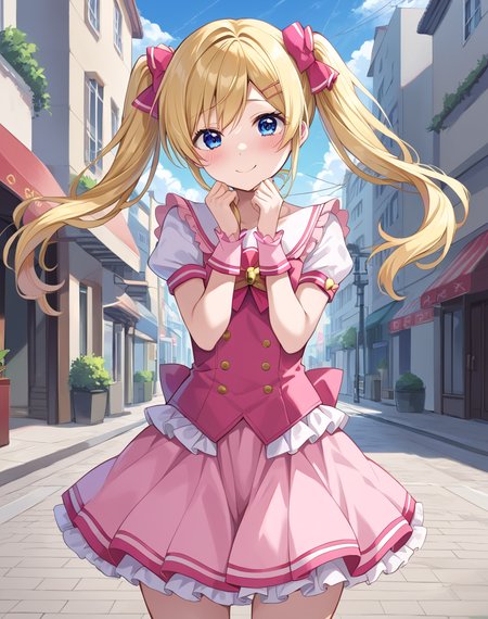 arisugawa_hakua, blonde hair, long hair, blue eyes, twintails, magical girl , pink skirt, pink dress, bell skirt , hair ribbons BREAK outdoors, city street   BREAK cowboy shot, shy smile, blush, looking at viewer, idol pose, cute poseBREAK score_9, score_8_up, score_7_up, source_anime ,zPDXL<lora:Arisugawa_Hakua:0.8>