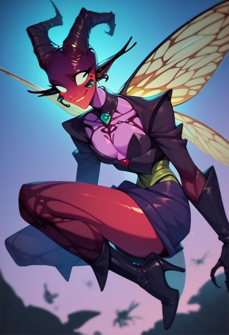score_9, score_8_up, score_7_up, score_6_up, dark faerie, flying at night, beautiful face, heavy black boots, highly detailed, insect wings, monster boy, perfect eyes looking at viewer, cyan and magenta, colored skin,