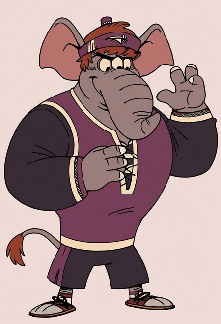 (score_9 | score_8_up | score_7_up)
((masterpiece:1))(best quality,very high quality,ultra detailed:1.2)
(2D,cartoon style,anime style)(Smooth:2)(clean blurring)
(four fingers on each hand,one thumb on each hand:1), Abu elephant, solo, brown hair, grey skin, black eyes, trunk, trunk nose, elephant trunk, elephant ears, monkey tail, purple vest, red and purple hat, alien, muscular, +++three eyes, extra eye, grey skin color, full body