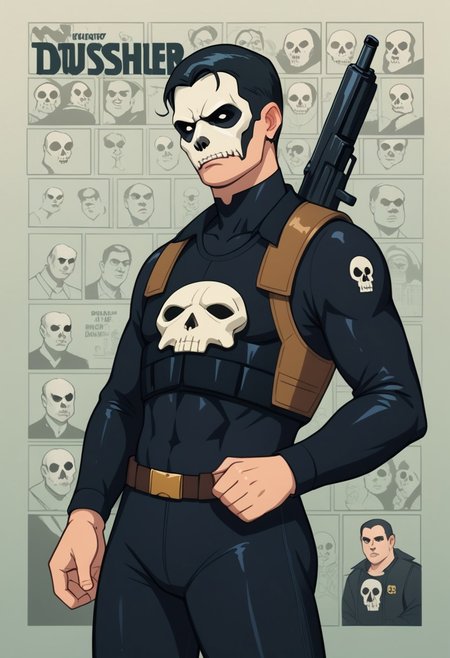 score_9, score_8_up, score_7_up, score_6_up, comic color,cowboy shot, bullypxl, ((comic wallpaper)),1boy, Punisher style, mature man, The Punisher is a man holding a gun, black bodysuit, skull logo, muscular, skull, tactical vest,