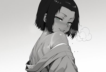 score_9,score_8_up,score_7_up,cinematic shadow,monochrome,(fullbody:0.7),
naughty face,sweat breath,half closed eyes,seductive pose,standing,back,kimono,
1boy,black hair,short hair,green eyes,forehead,swafragilenos,tanlines,<lora:swafragilenos:1>
