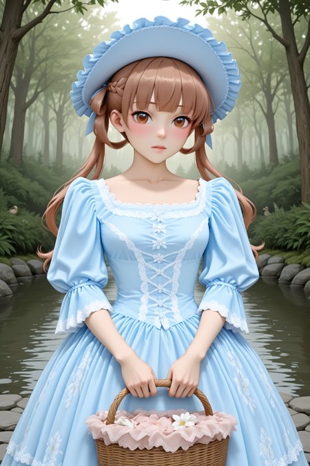 masterpiece, best quality, amazing quality, 1girl, solo, makeup, general, looking at viewer, blush, cowboy shot, forest, standing, white flower, pond, morning, lovely, bird, stone, holding basket, outdoors, <lora:Sugar_Apple_Fairy_Tale_Anne_Halford:0.8>, Sugar_Apple_Fairy_Tale_Anne_Halford, long hair, brown hair, twintails, hair ribbon, hair rings, braid, blunt bangs, brown eyes, breasts, <lora:Blue_Rococo_Style_Vintage_Masquerade_Dress:1>, Blue_Rococo_Style_Vintage_Masquerade_Dress, (white dress, blue dress), gown, long dress, blue headwear, bonnet, frills, lace trim, lace, short sleeves, puffy sleeves, floral print, <lora:wai-2Rectified-V140:1>, <lora:illustrious_noobai_epsilon_pred_1_masterpieces_v1:1>
