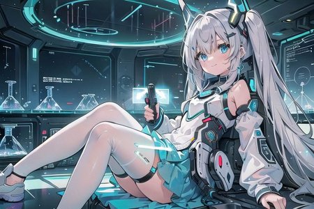 (masterpiece), (science fiction:1.4), 1girl, sitting, smile, silver hair, aqua eyes, headgear, long sleeves, detached sleeves, glowing energy clothing, light particles