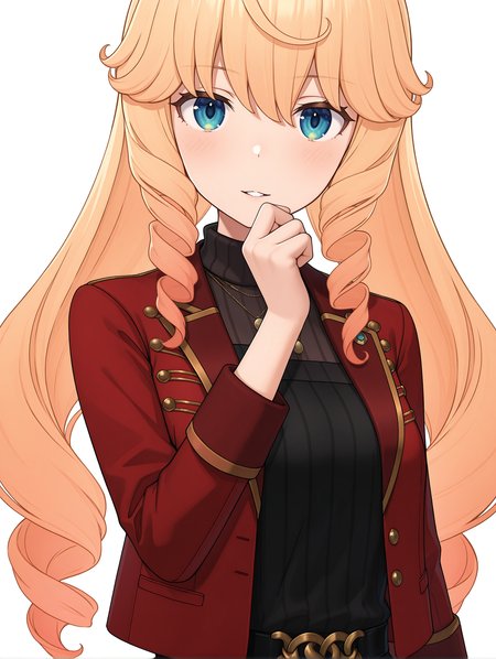 masterpiece,best quality,newest,
1girl,solo,
<lora:Nicole_Francisca_ilxl_v1.0:1>,nicole_f,blonde hair,grey gradient hair,blue eyes,
u.r.k,necklace,red jacket,black dress,turtleneck,black skirt,
<lora:Fixhands_anime_bdsqlsz_V1:1>,white_background,simple_background,looking_at_viewer,parted lips,portrait,smile,light_blush,straight-on,hand to own mouth,cowboy_shot,