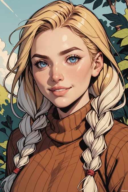 1girl, braid, solo, looking at viewer, twin braids, brown sweater, blue eyes, smile, sweater, realistic, blonde hair, multicolored hair, long hair, blurry background, blurry, portrait, white hair, upper body, lips, closed mouth, , makeup, <lora:Expressive_H:0.5>, score_9, score_8_up, score_8_up,, a_Comic_Illustration, rough lines with ink, (drawn:1.1), (sketch:1.5), (crosshatching:1.25), (comic style:1.1), graphic novel style, sharp lines, hires, zstyle, (western comics \(style\):1.1), (hatching \(texture\):1.2), zPDXL, Mr_Monster_Possitive