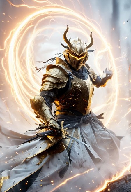 1man, armored samurai in golden samurai armor, wearing samurai helmet and armor,  golden fire, wielding dual swords:1.2, brave perspective, reflection, glowing golden fire, golden lightning shatter, , glowing sword, motion blur, emphasis line, outdoor in the darkness, looking at viewer, katanas